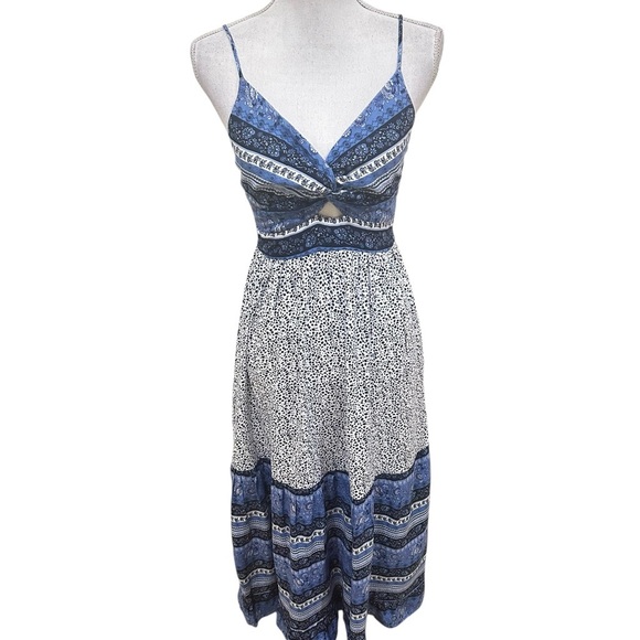 Japna Blue/navy/white Patterned rayon sundress smocked back front cutout small - Picture 2 of 12